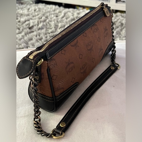 MCM Handbag Brown Black Leather Satchel Visetos Chain Strap Zip Clutch Purse - Picture 2 of 14